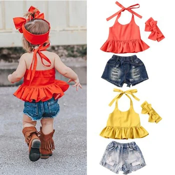 1-6Years Yaz Çocuklar Bebek Kız Giysileri Setleri Kolsuz Ruffles Yelek Üstleri Kot Şort İlmek Bandı 3 Adet Takım Elbise