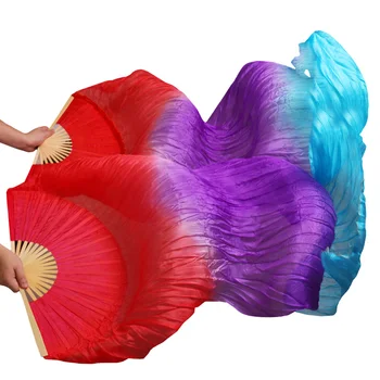 100 % Ipek Bambu Kaburga Dans Uzun Fanlar El Yapımı Boyalı Oryantal Dans Fanlar Kırmızı+Mor+Turkuaz 180x90 cm 1 Çift Sol + Sağ El Fanlar