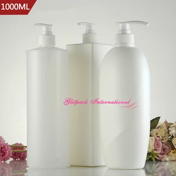 1000ml beyaz boş kozmetik şişe 35oz HDPE boş şampuan şişeleri w/ pompalı dağıtıcı büyük boy kozmetik ambalaj yuvarlak / kare
