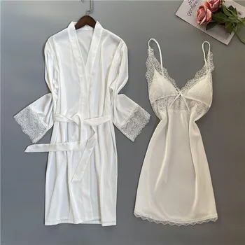 2 ADET Kimono Bornoz Seti Seksi Backless V Yaka Dantel Gecelik Göğüs Pedleri Kemer Robe Elbise Takım Elbise Yaz Düz Rahat Pijama