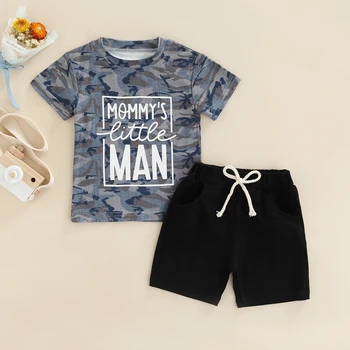 2 adet Yürüyor Çocuk Boys Giyim Setleri 0-5Y Mektup Kamuflaj Baskılı Kısa Kollu T Shirt + Katı Şort