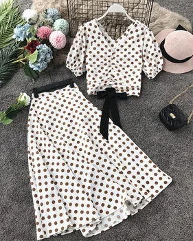 2019 Yaz Moda Kadınlar Casual V Boyun Polka Dot Baskı papyon Kısa Üst bluz + Bir Çizgi Altında Diz Etek 2 adet Setleri