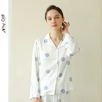 2020 Yeni Mavi Polka Dot Baskı Pijama Kadın Uzun Kollu Saten Pijama Basit Rahat Gevşek Fit Pijama Ev İki parça