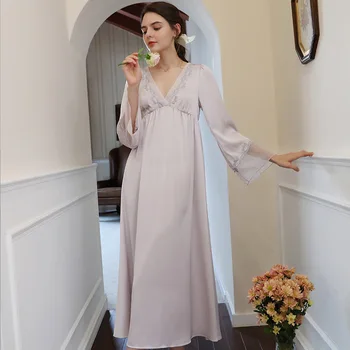 2022 Bahar Fransız Tarzı Pijama Seksi V Yaka Kadın gece elbisesi Tatlı Nakış Tam Kollu Ev Elbise Uzun Orta Buzağı Nightie