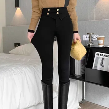 2022 Sonbahar Bahar Yeni Siyah tayt Rahat Elastik Yüksek Bel streç ayak pantolon kadın Metal Düğmeler ince kalem pantolon
