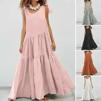 2022 Zarif Kolsuz yaz elbisesi kadın Tankı Sundress Casual O Boyun Katı Maxi Vestidos Kadın Keten Robe Femme 5XL