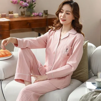 2022 İlkbahar Sonbahar Tam Pamuklu Pijama Bayanlar Hırka Pijama Mujer Uzun Kollu Pantolon Rahat Gecelik Kadın Pijama Seti