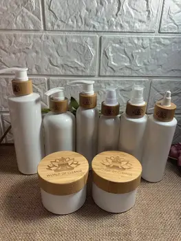 30ml 50ml 3oz 5oz beyaz plastik şişeler bambu losyon kapağı disk kapakları, bambu kozmetik ambalaj şampuan cilt bakımı vücut şişesi