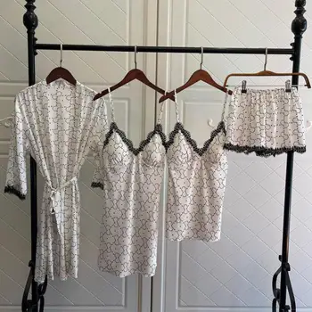 4 ADET Pijama Takım Elbise 2022 İlkbahar Yaz Yeni Gecelik Kıyafeti Samimi İç Çamaşırı Rahat Ev Giyim Kadın Saten Uyku Seti