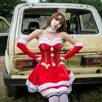 4 Adet Noel Elbise Kadınlar Noel Kostüm Yetişkin İçin Seksi Kapalı Omuz Kırmızı Elf Noel Kostüm Tatlı Kedi Elbise
