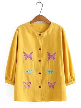 Artı Boyutu Giyim İçin Bahar Sonbahar Yaka Uzun Kollu Pamuk Ve Keten Kumaş İşlemeli Kelebek Desen Büyük Boy Gömlek