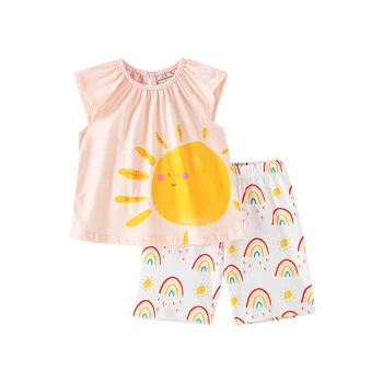 Atlama Metre Yaz Takım Elbise Kız İki parçalı çocuk Kolsuz Şort Desen Sevimli Çocuk Güneş Gökkuşağı Elbise