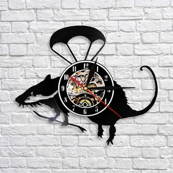 Banksy Sıçan duvar saati Uçan Helikopter Sıçan Vinil kayıt saati Duvar Sanatı Sevimli Paraşütçü Fare Dekoratif Duvar Saati Ev Dekor
