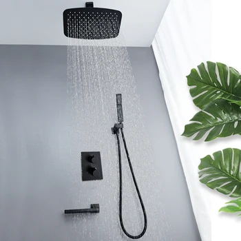 Banyo Duş Seti Gömülü Krom Duş Sistemi Yağış Duş Başlığı Termostatik Mikser Banyo Siyah Duş Bataryası Seti