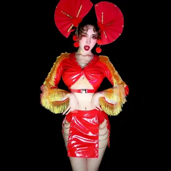 Bar Parti Gösterisi Gogo dans kostümü DJ Şarkıcı Dansçı Seksi Sahne Giyim Kırmızı PU Deri Altın Püskül Rave Kıyafetler Performans Elbise