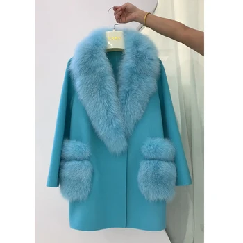 Bayan Moda Coat Dış Giyim Yün Karışımları Ceket Gerçek Tilki Kürk Yaka Yüksek Kalite Kış Yeni Varış