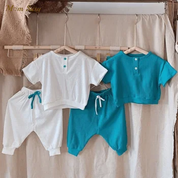 Bebek Kız Erkek Nervürlü pamuklu giysiler Seti Düğmesi Tshirt ve Pantolon 2 ADET Yaz Bebek Yürüyor Homesuit Bebek Bodysuit 1-5Y