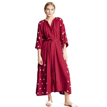 Boho Yaz Yıldız Işlemeli Maxi Elbise Kadınlar Casual 3/4 Flare Kollu Kırmızı Sashes Düğmeler pamuklu elbiseler Uzun Hırka Vestidos
