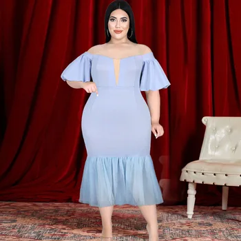 Büyük boy Moda Kadın Elbise Puf Kısa Kollu Bir Kelime Yaka Düz Renk Kazak Gevşek Patchwork Bahar Sonbahar Artı Boyutu Elbise