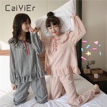 CAIYIER 2021 Kore Baskı Bahar Gevşek Bebek Yaka Pijama Durgun Tembel Rüzgar Seti Kafa Dantel Izgara Ev Giysileri Pijama Kadın