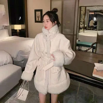 Ceketler Kabanlar Yün Kuzu Kürk Kore Kadın Sashes Kış Uzun Artı Boyutu Gevşek Palto Kalın Sıcak