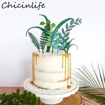 Chicinlife 1 Takım Yeşil Bitki Kağıt Yaprak Kek Topper Doğum Günü Partisi Bebek Duş Düğün Tropikal Orman Parti Dekorasyon Malzemeleri