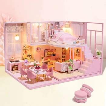 Cutebee Dollhouse Kiti DIY Dollhouse Mobilya Kiti Minyatür Ahşap Dollhouse Çocuk Doğum Günü Hediyeleri ile LED Oyuncaklar