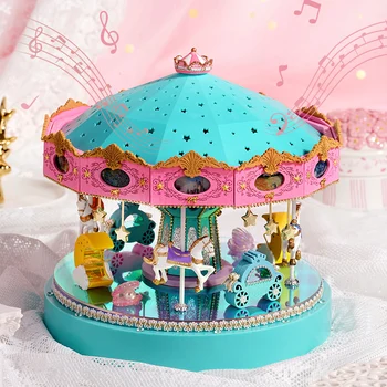 DIY Dollhouse 3D Bulmacalar Bitmemiş Atlıkarınca Müzik Kutusu Noel doğum günü hediyesi