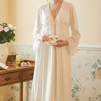 Dantel Uzun Gecelik Bayanlar Gecelik Vintage Kadın Dantel Kollu Gecelik Elbise INS Pijama Peri iç çamaşırı seti Elbise