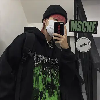 Deeptown Gotik Streetwear Siyah Baskılı Boy Hoodies Kadın Harajuku Punk O-Boyun Uzun Kollu Kazak Kadın Kazak Tops