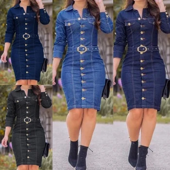 Denim Elbise Kadın Yaka Yaka Zarif Düz Renk Uzun Kollu Rahat Yüksek Bel Diz Boyu Elbise Tek Göğüslü Kot