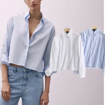Elmsk Blusas Mujer De Moda 2021 Sonbahar Kısa Bluz Kadınlar İngiltere Yüksek Sokak Moda Katı Basit Poplin Pamuklu Gömlek Tops