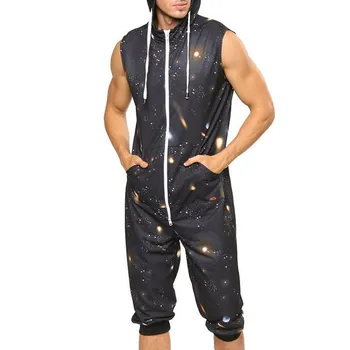 Erkek Baskı Büyük Boy Pantolon Tulum Şort Kolsuz Cepler Fermuar Up Ev Giyim Pijama Rahat Tulumlar