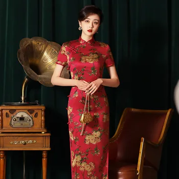 Gelenek Mandarin Yaka Baskılı Saten Uzun Tarzı Cheongsam Zarif Kadın Ince Kısa Kollu Qipao Elbise Vestidos Boyutu M-3XL