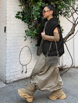 Gevşek Sıcak Kirpi Yelek Kadın Standı Yaka Kolsuz Yastıklı Yelekler Yelek Kadın Sonbahar Kış Vintage Streetwear Kadın