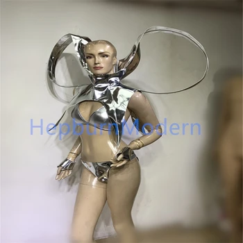 Gümüş ayna kostüm bar gece kulübü şarkıcısı dans dj gösterisi parti seksi teknoloji Gümüş gogo sahne giyer dj bikini sütyen uzay