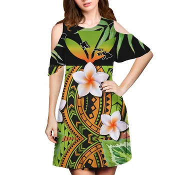 Hycool Polinezya Ebegümeci Tasarım Kadın Kaçak Omuz Giyim Yeşil Plumeria Baskı Yaz Kısa Kollu Bayanlar Günlük Elbiseler
