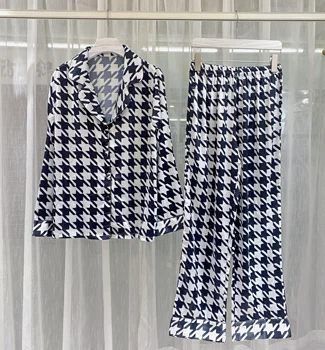 JRMISSLI 2021 Sonbahar Yeni İpek Balıksırtı Saten Baskılı Pijama Seti Pijama Loungewear Kadınlar için Pijama Femme 2 Adet