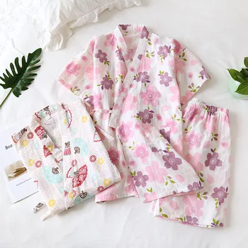 Japon tarzı Kimono Pamuk Taze Tarzı Pijama Takım Elbise Kadın Rahat Bahar ve Yaz Pijama Pijama İki parçalı Ev Hizmeti
