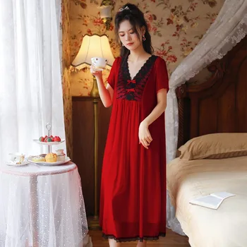 Kadın Dantel Uzun Gecelik Zarif Gecelik Uyku Elbise Kırmızı Vintage Nightgowns Saray Nighty Yay Seksi Sıcak Erotik Nedime
