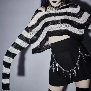 Kadın Kazak Gotik Örme Grunge Çizgili Kazaklar Punk Hollow Out Gevşek Jumper Goth Alternatif Giyim Emo Y2k Üst