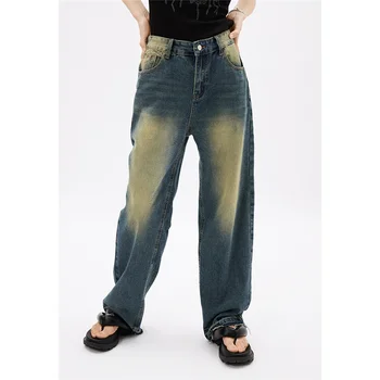 Kadın Kot Vintage Mavi Düz Yüksek Bel Kot Pantolon Giyim Sonbahar Baggy Amerikan Tarzı Geniş Bacak Dipleri Moda Pantolon