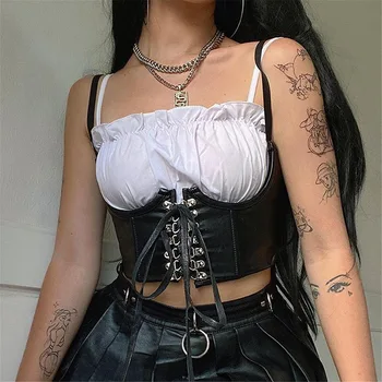 Kadın Moda Seksi PU Deri Korse Goth Punk Dantel-Up Bandaj Siyah Büstiyer Streetwear Underbust Destek Parantez Şekillendirici Üst