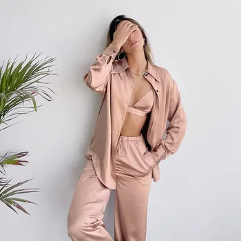 Kadın Pijama Düz Renk Seksi İç Çamaşırı Yaka Uzun kollu Üst ve Pantolon Pijama Seti 3 Parça Kadın Rahat Ev giyim
