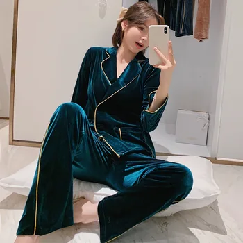 Kadın Pijama Takım Elbise Pijama Turn-Aşağı Yaka İç Çamaşırı Kadife Sonbahar Kış Bornoz Kimono Kıyafeti Kıyafeti Gecelik
