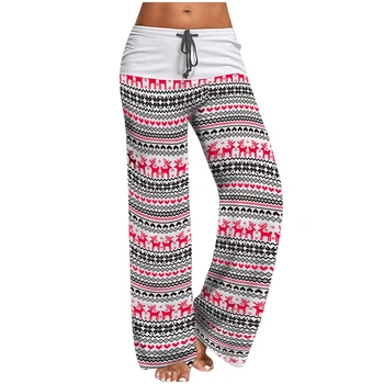 Kadın Rahat Noel Uyku Dipleri Kadın Tam Boy Baskılı Pijama Noel İpli Geniş Bacak Palazzo dinlenme pantolonu S-XL