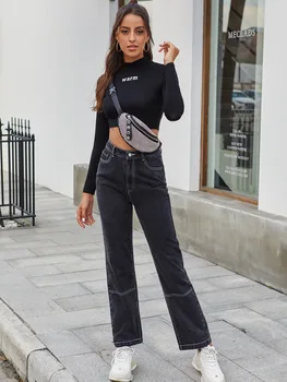 Kadın Siyah Uzun Kot Pantolon Bayanlar Yüksek Bel günlük pantolon Yan Cepler İle Her Mevsim İçin Slim Fit Kot