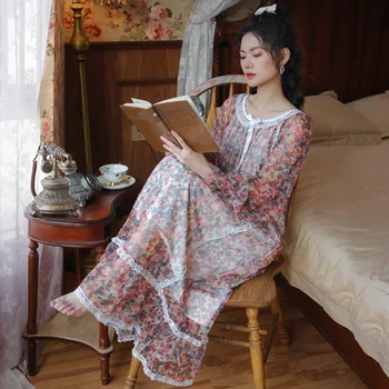 Kadın Uzun Etek Uzun kollu Gecelik Tatlı Prenses Saray Kadın Pijama Dantel Çiçek gecelik Yuvarlak Boyun Uyku Elbise