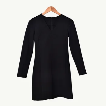 Kadın V Yaka Siyah Mini Elbise Uzun Kollu Toplamak Bel Fermuar Elbiseler Erken Sonbahar Kış Yeni