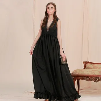 Kadın Yaz Bohemian Siyah Maxi Elbise Bayanlar Vintage Zarif Derin V Yaka Ruffles Casual Gevşek Plaj uzun elbise Robe Longue 2020
